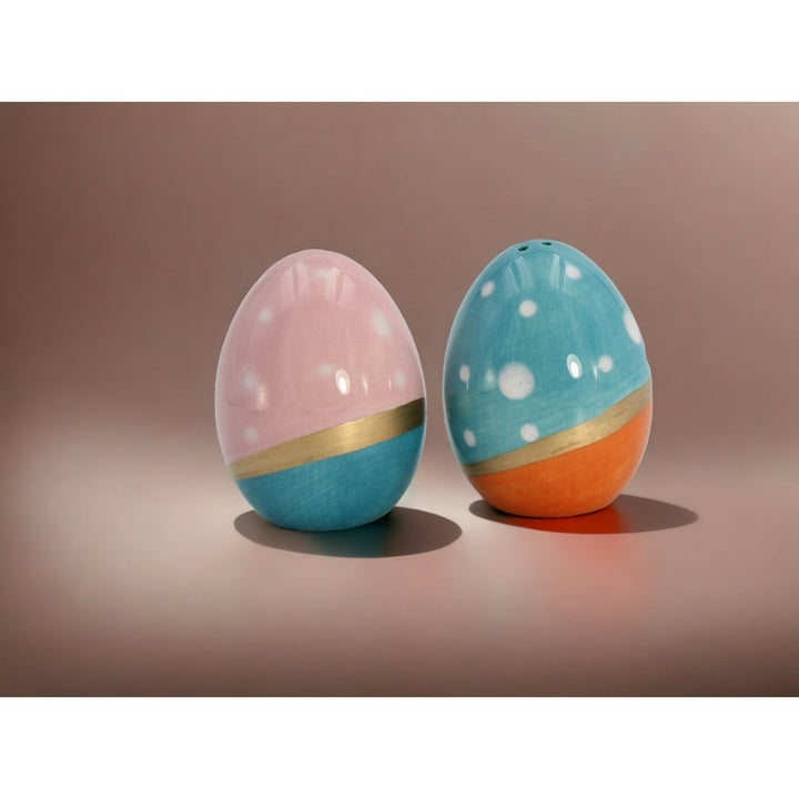 Ceramic Blue Pink Easter Egg Salt Pepper Shakers Gold Accent 2x2x2.75 Image 2