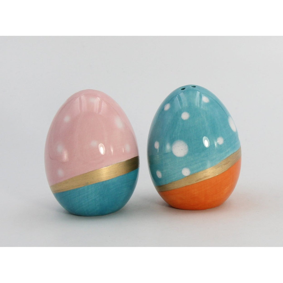 Ceramic Blue Pink Easter Egg Salt Pepper Shakers Gold Accent 2x2x2.75 Image 3