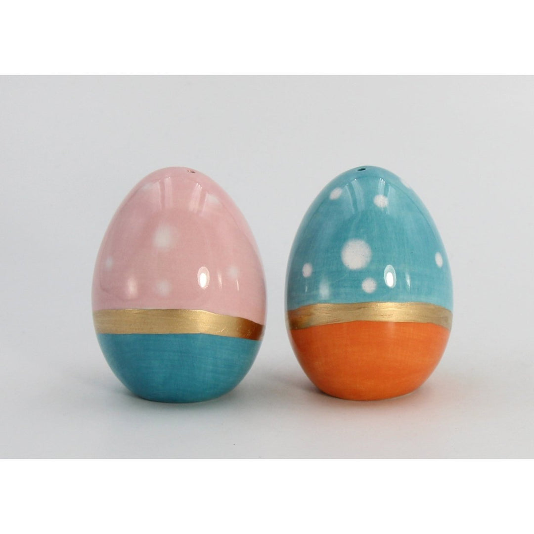 Ceramic Blue Pink Easter Egg Salt Pepper Shakers Gold Accent 2x2x2.75 Image 4