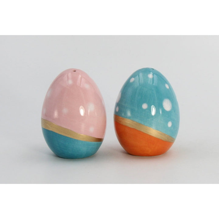 Ceramic Blue Pink Easter Egg Salt Pepper Shakers Gold Accent 2x2x2.75 Image 4