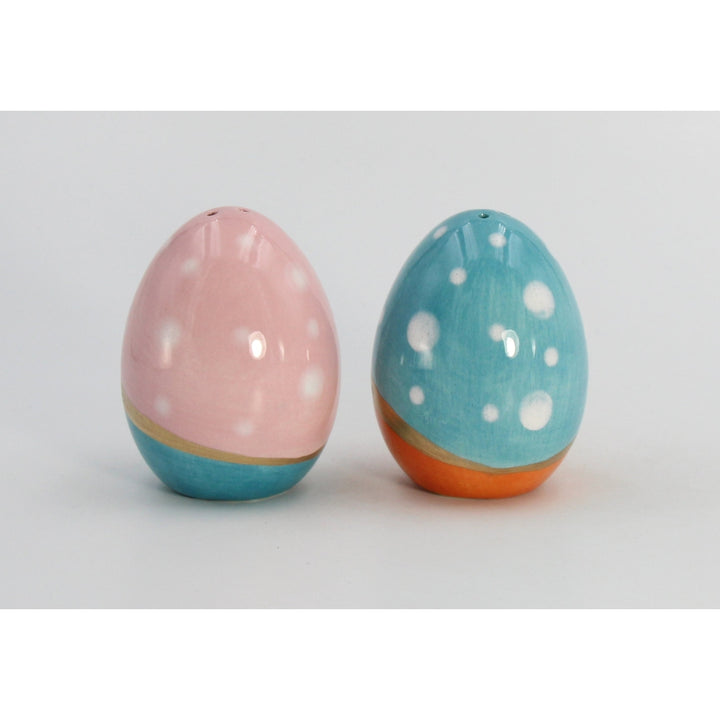 Ceramic Blue Pink Easter Egg Salt Pepper Shakers Gold Accent 2x2x2.75 Image 6