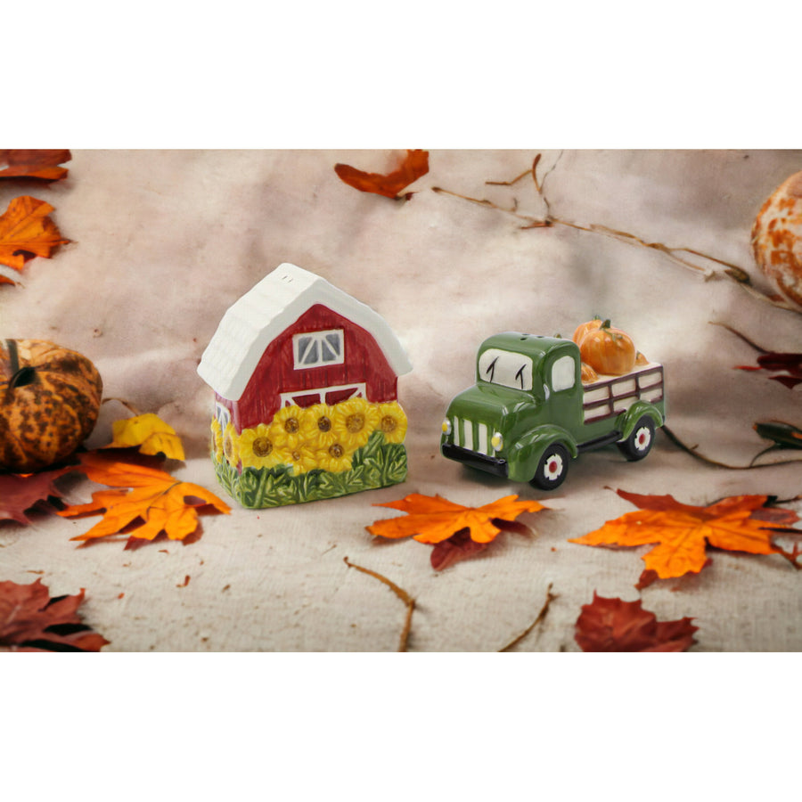 Ceramic Sunflower Barn and Red Pickup Truck With Pumpkins Salt and Pepper ShakersFall Dcor, Image 1