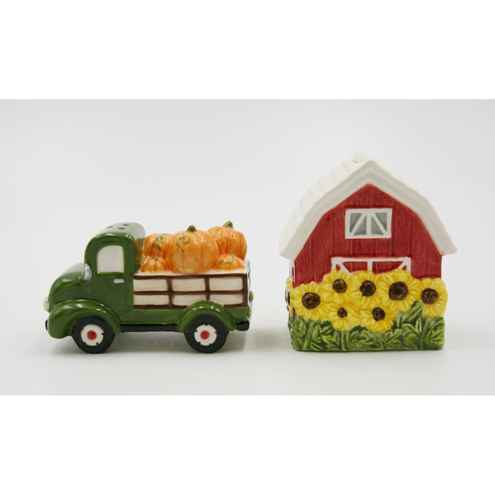 Ceramic Sunflower Barn and Red Pickup Truck With Pumpkins Salt and Pepper ShakersFall Dcor, Image 3