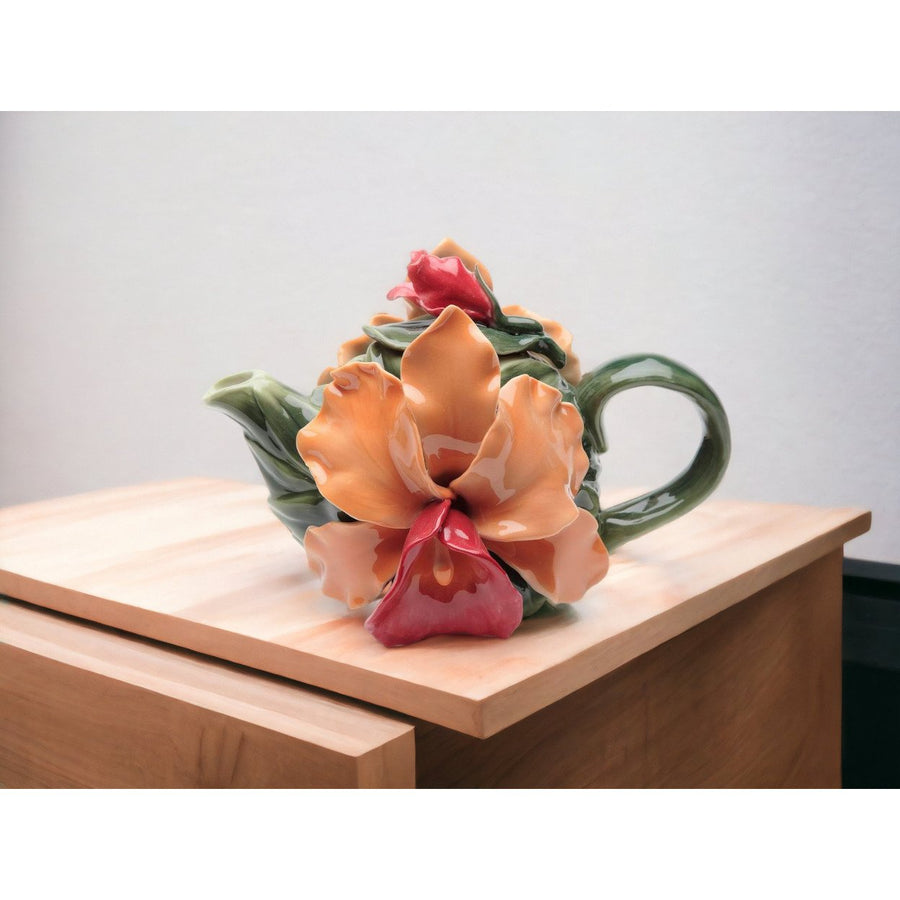 Ceramic Orange Orchid Teapot 8oz 6.25in Farmhouse Cottagecore Image 1