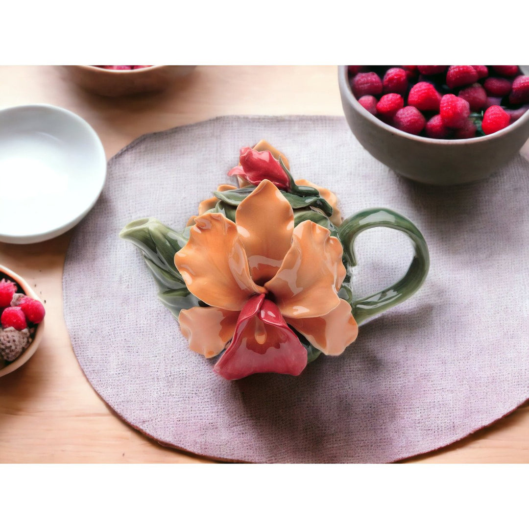 Ceramic Orange Orchid Teapot 8oz 6.25in Farmhouse Cottagecore Image 2