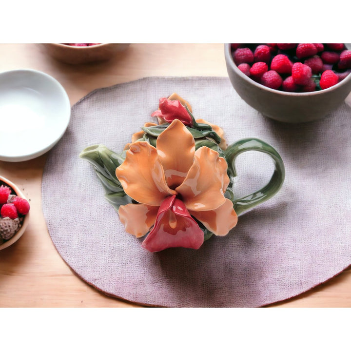 Ceramic Orange Orchid Teapot 8oz 6.25in Farmhouse Cottagecore Image 2