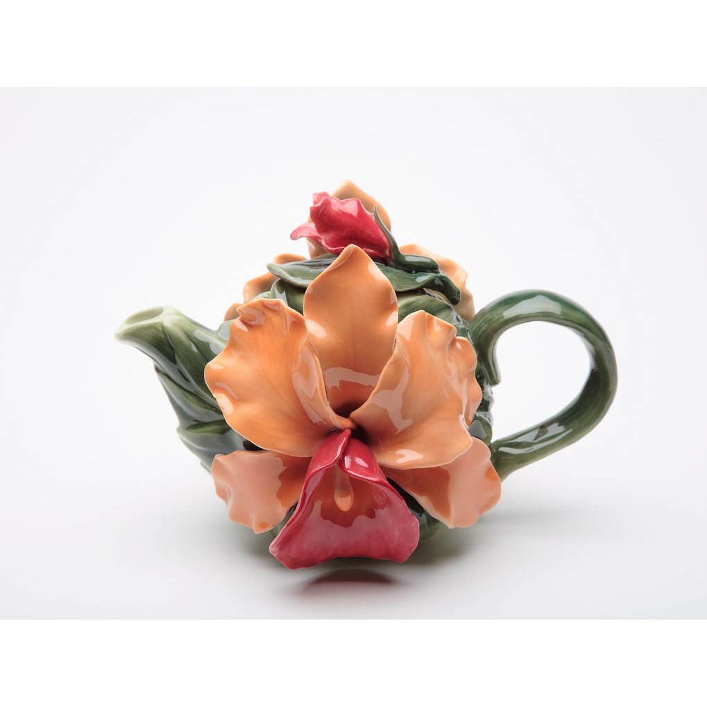 Ceramic Orange Orchid Teapot 8oz 6.25in Farmhouse Cottagecore Image 3