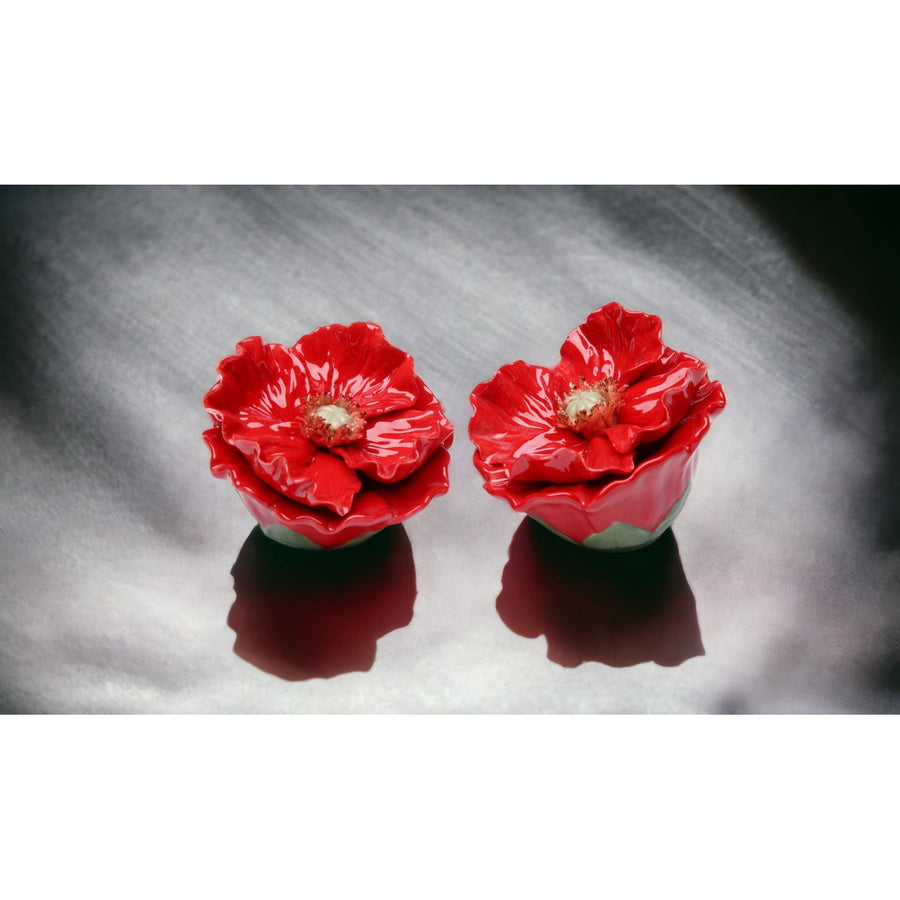 Ceramic Red Poppy Flower Salt and Pepper ShakersHome DcorKitchen Dcor Image 1
