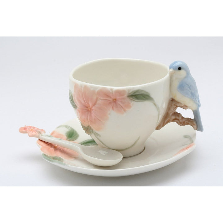 Ceramic Bluebird Flower Cup Saucer Spoon Set 2 Sets Tea Party Image 3