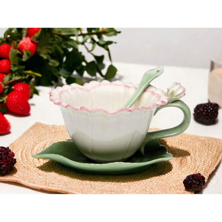 Ceramic Carnation Flower Cup Saucer Spoon Set Tea Party Image 1