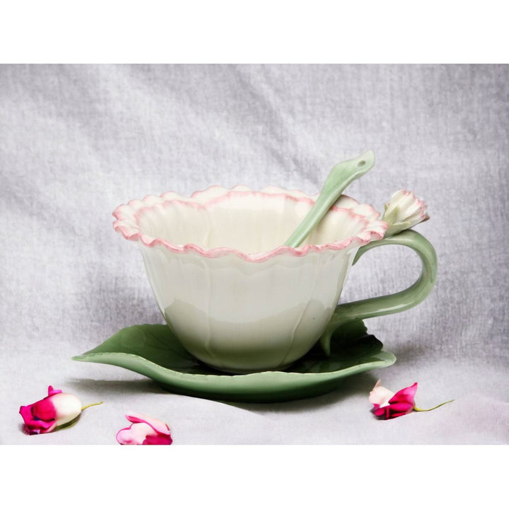 Ceramic Carnation Flower Cup Saucer Spoon Set Tea Party Image 2