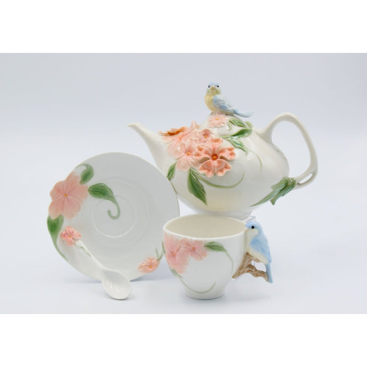 Ceramic Teapot Bluebird Apple Blossom 24 oz 7.25 inches Image 3