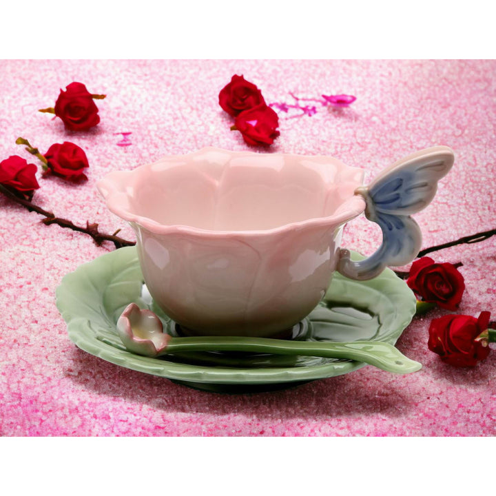 Ceramic Rose Butterfly Cup Saucer Spoon Set  Mom Image 3