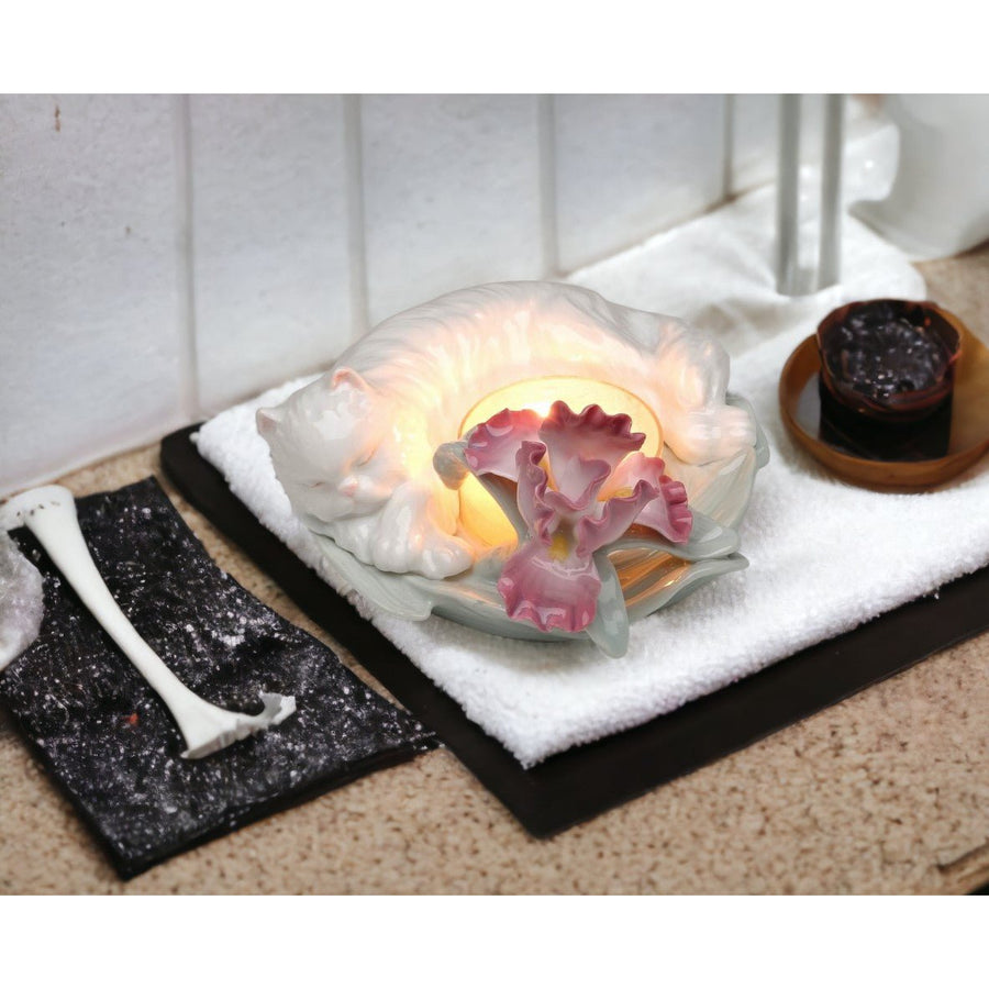 Ceramic Sleeping Cat Tealight Candle Holder Iris Flower 4.5 Inch Gift Image 1