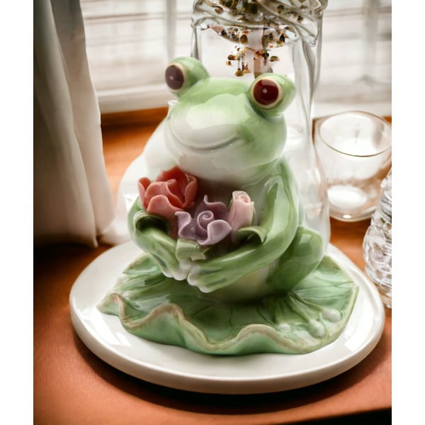 Ceramic Frog Figurine with Flowers 2.75"  Spring Cottagecore Image 1