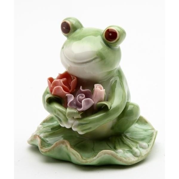 Ceramic Frog Figurine with Flowers 2.75"  Spring Cottagecore Image 2