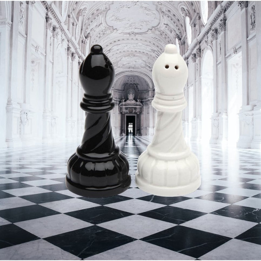 Ceramic Black and White Bishop Chess Pieces Salt and Pepper Shakers 1.5 inch Image 1