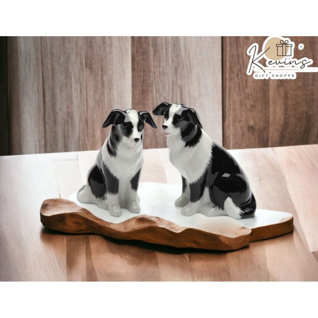 Border Collie Dog Salt and Pepper Shakers Ceramic Black and White Image 1