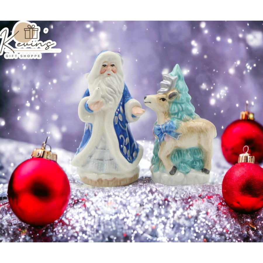 Hand Painted Ceramic Blue Santa Claus Reindeer Tree Salt Pepper Shakers Gift Image 1