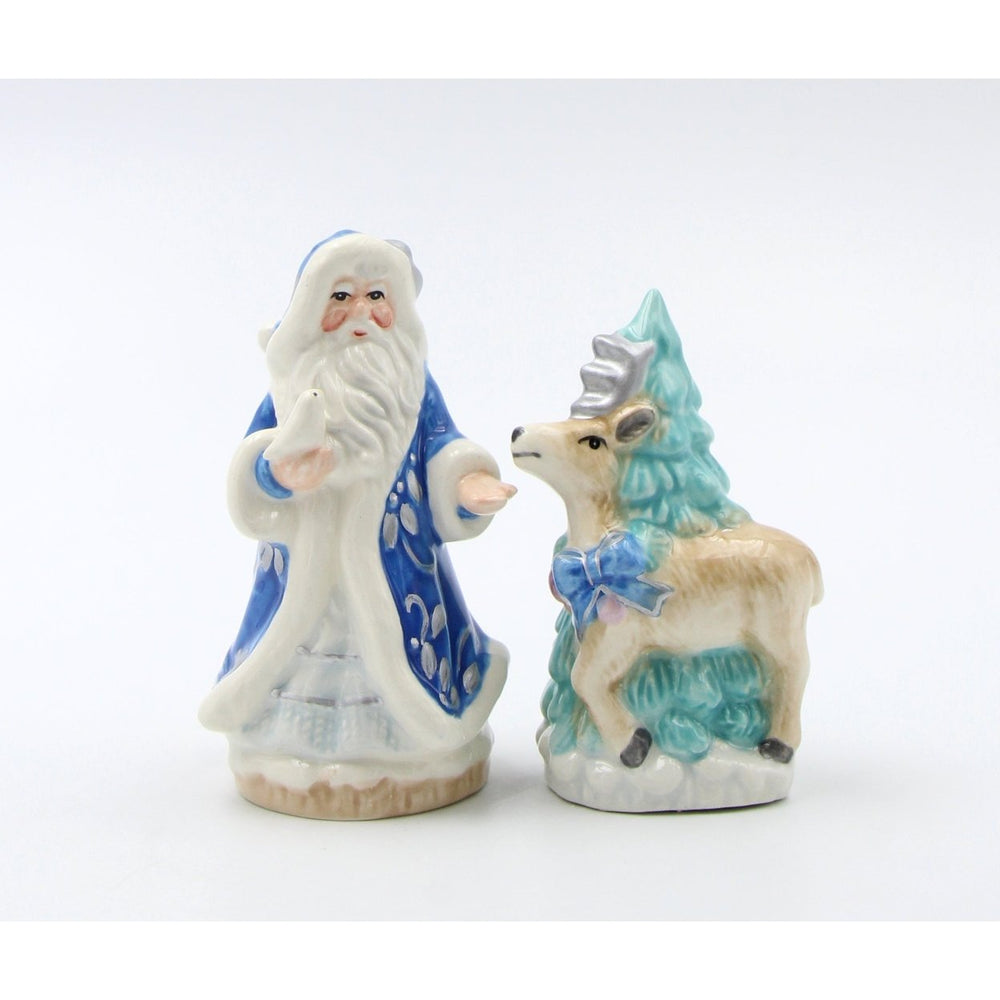 Hand Painted Ceramic Blue Santa Claus Reindeer Tree Salt Pepper Shakers Gift Image 2