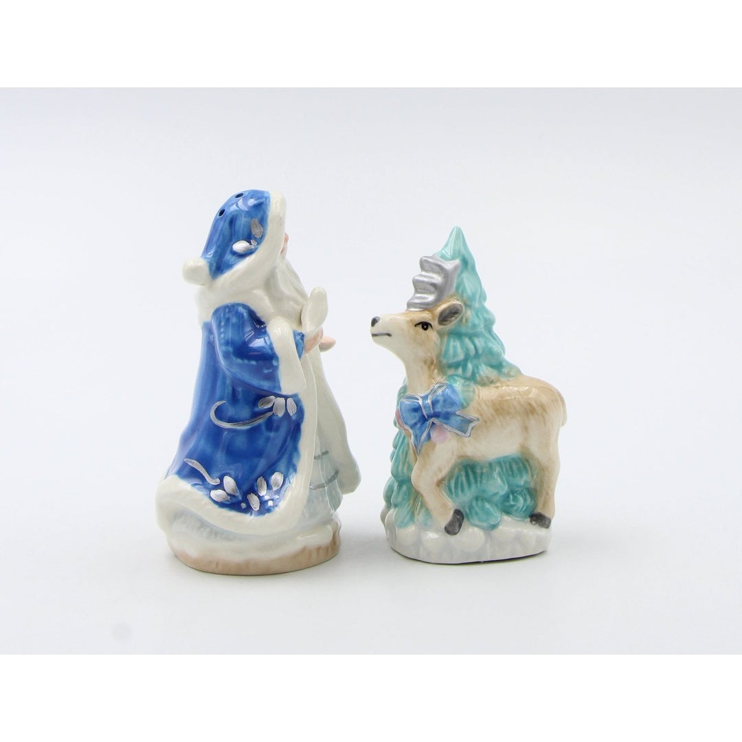 Hand Painted Ceramic Blue Santa Claus Reindeer Tree Salt Pepper Shakers Gift Image 3