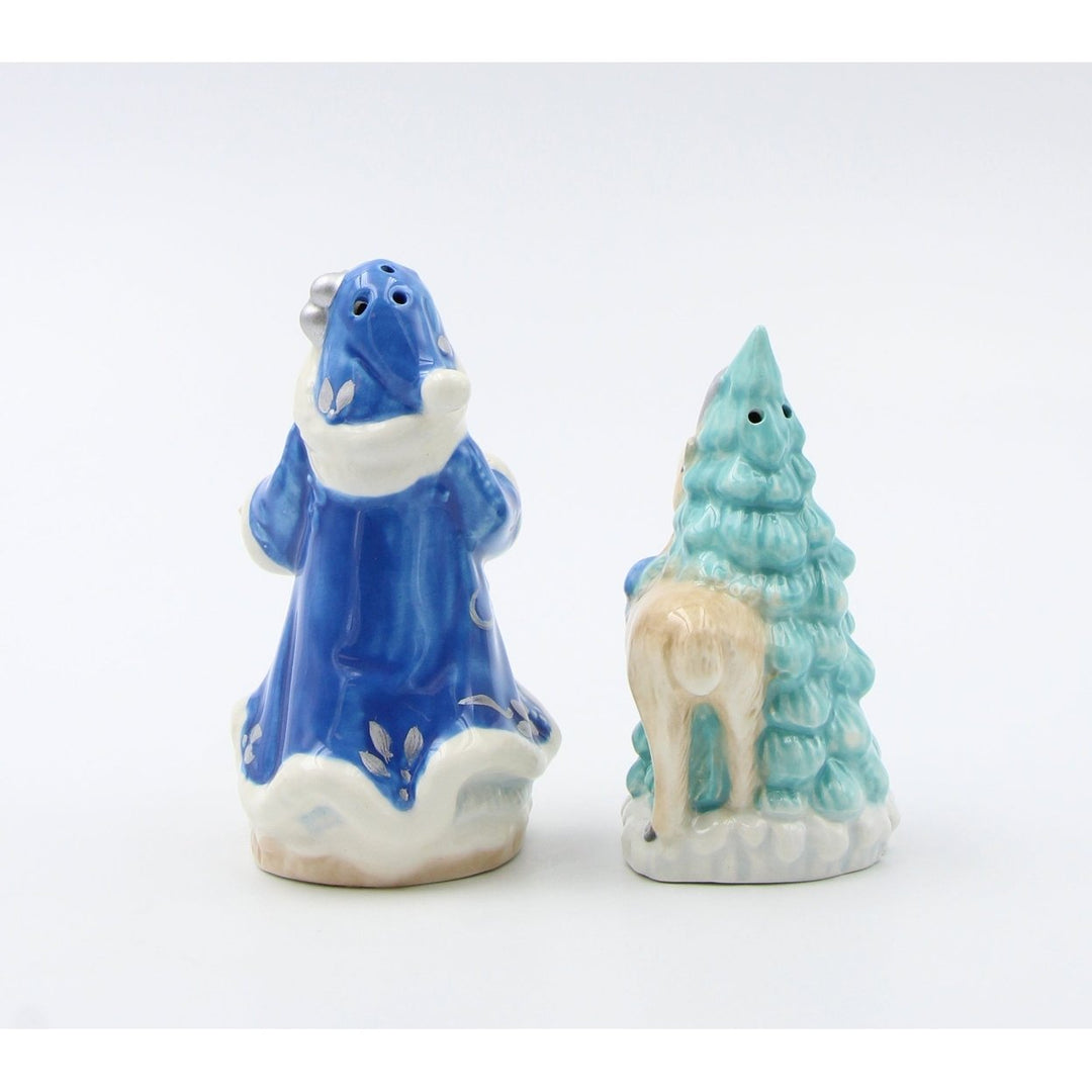 Hand Painted Ceramic Blue Santa Claus Reindeer Tree Salt Pepper Shakers Gift Image 4