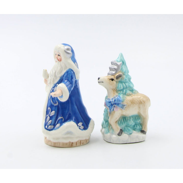 Hand Painted Ceramic Blue Santa Claus Reindeer Tree Salt Pepper Shakers Gift Image 4