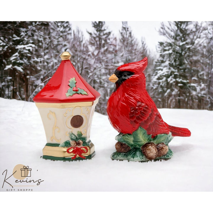 Ceramic Cardinal Bird Salt and Pepper Shakers Birdhouse Gift Image 1