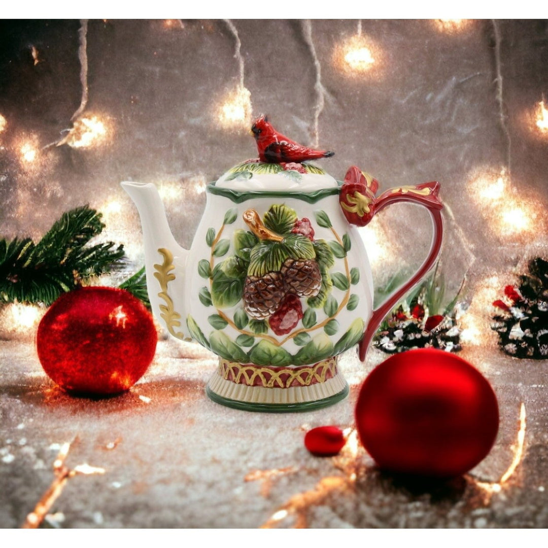 Ceramic Christmas Teapot Cardinal Bird Pine Cones 24 oz 8.125 x 5.25 x 7 in Image 1