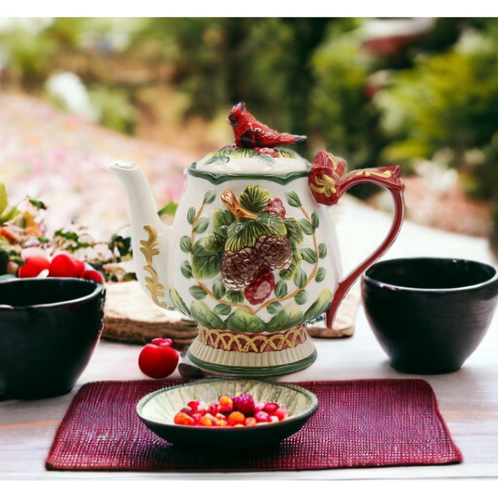 Ceramic Christmas Teapot Cardinal Bird Pine Cones 24 oz 8.125 x 5.25 x 7 in Image 2