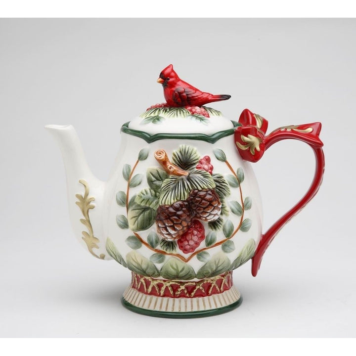 Ceramic Christmas Teapot Cardinal Bird Pine Cones 24 oz 8.125 x 5.25 x 7 in Image 3