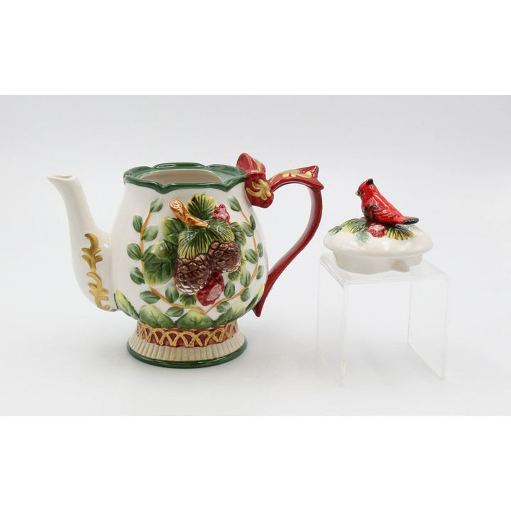 Ceramic Christmas Teapot Cardinal Bird Pine Cones 24 oz 8.125 x 5.25 x 7 in Image 4