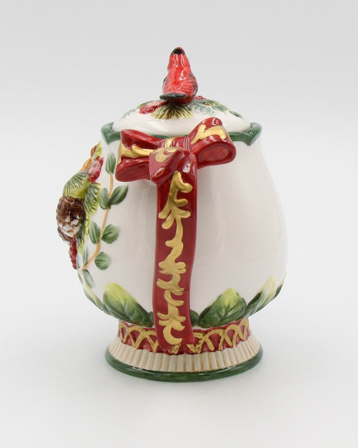 Ceramic Christmas Teapot Cardinal Bird Pine Cones 24 oz 8.125 x 5.25 x 7 in Image 4