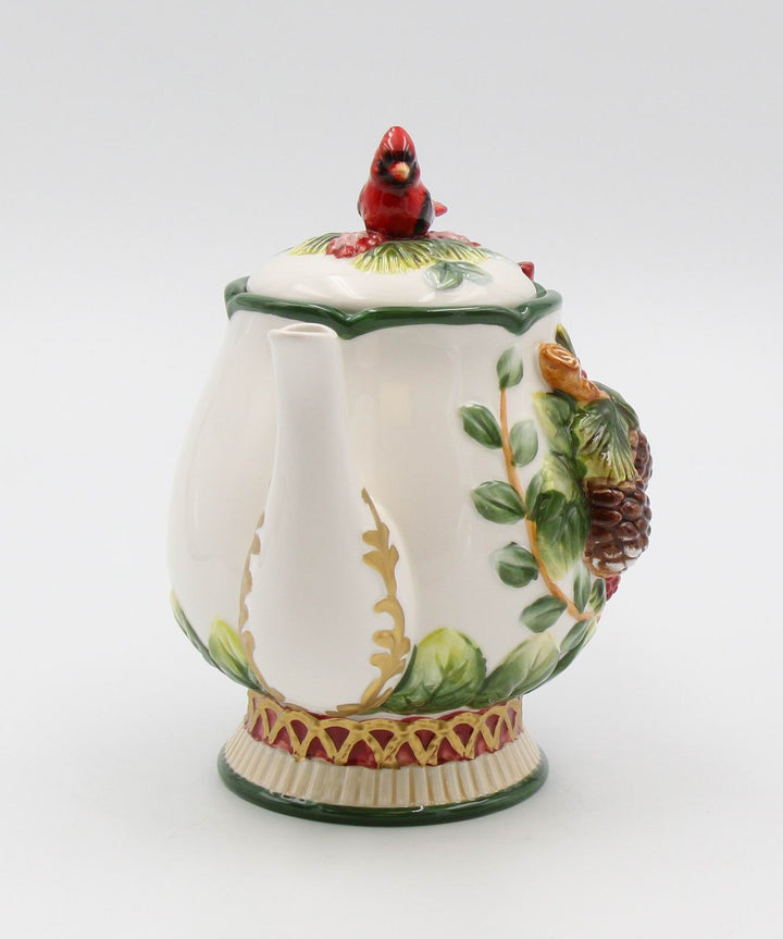 Ceramic Christmas Teapot Cardinal Bird Pine Cones 24 oz 8.125 x 5.25 x 7 in Image 6