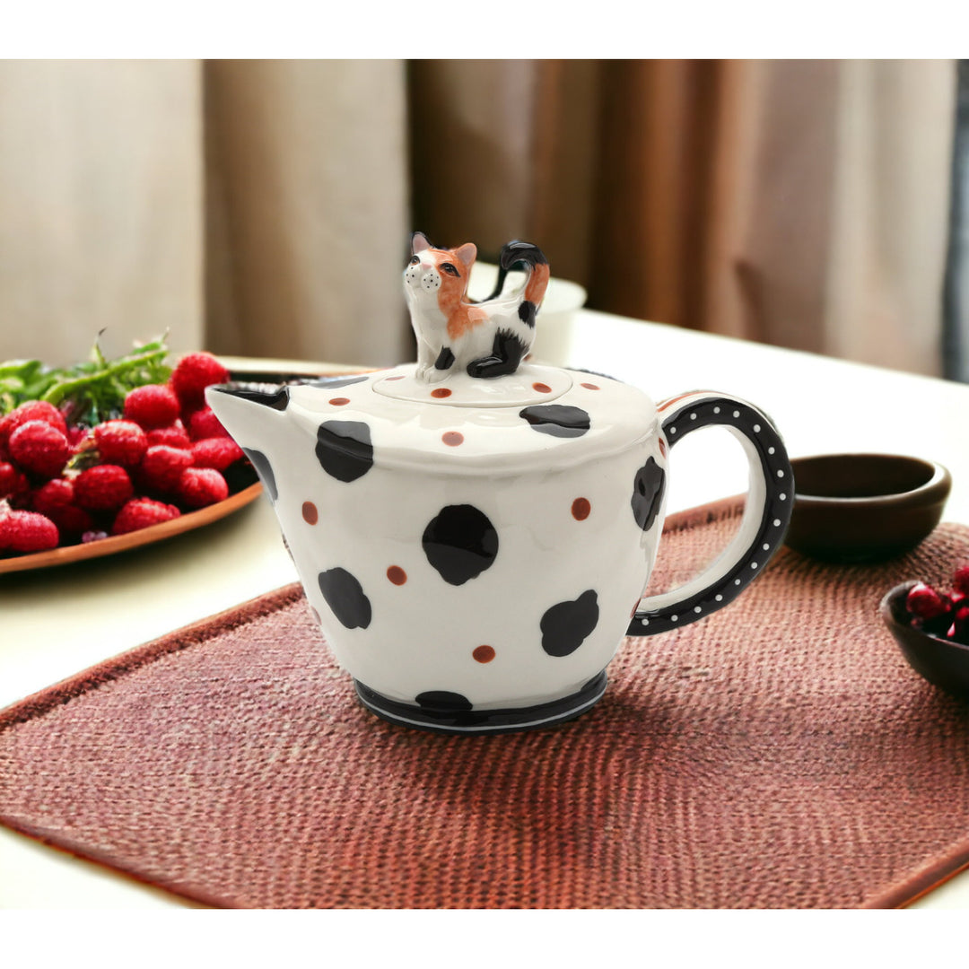 Ceramic Cow-Print Cat Teapot 7x4x6.125 inches Unique Gift for Cat Image 1