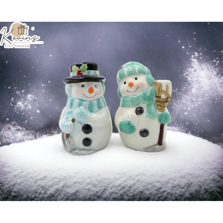 Ceramic Snowman Salt and Pepper Shakers Blue Green Image 1