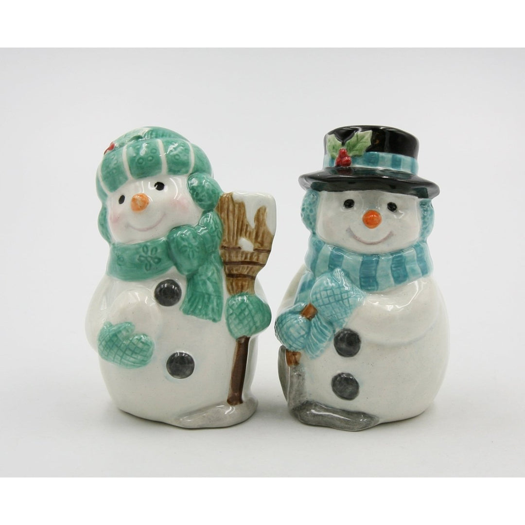 Ceramic Snowman Salt and Pepper Shakers Blue Green Image 2