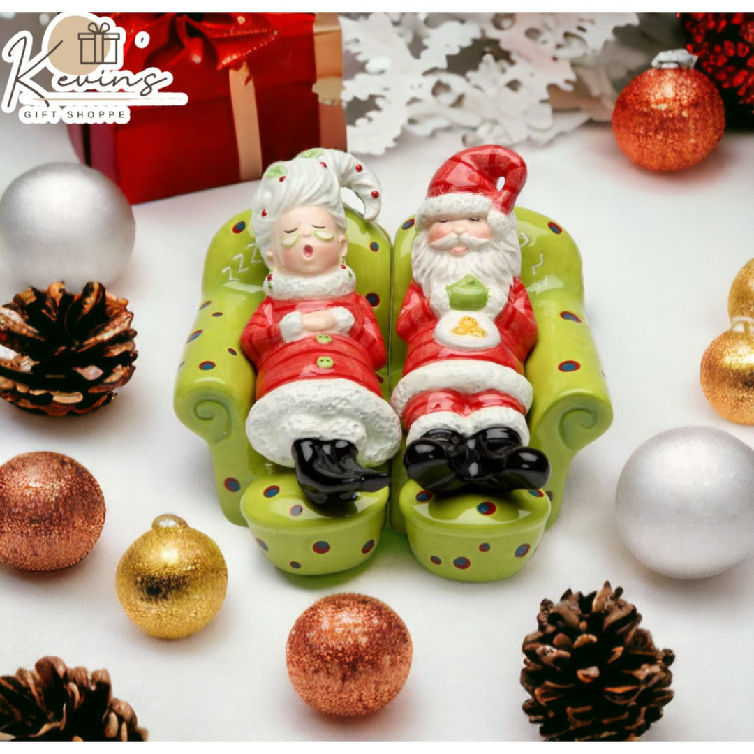 Ceramic Santa and Mrs Claus Taking a Nap Salt and Pepper Shakers Holiday Decor Image 1