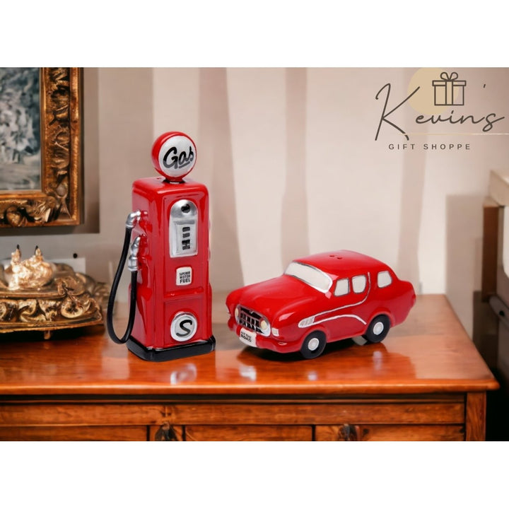 Hand Painted Ceramic Red Car Gas Pump Salt Pepper Shakers Gift Image 1