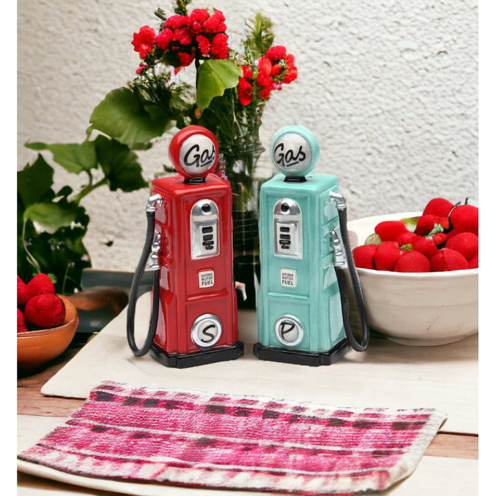 Ceramic Red Green Gas Pump Salt Pepper Shakers 4.25 inches Gift Image 1