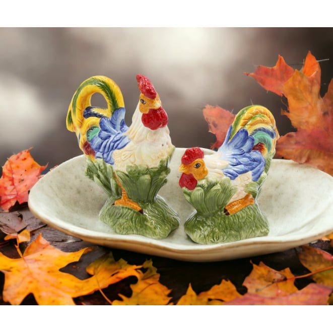 Ceramic Rainbow Rooster Salt and Pepper Shakers Image 1