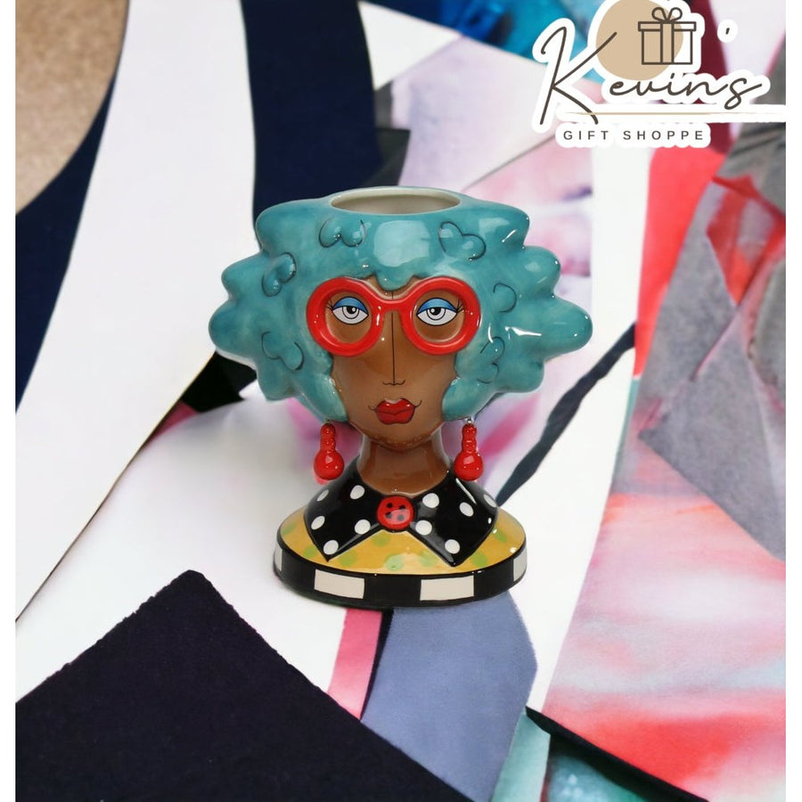 Ceramic African American Lady Utensil Holder Blue Hair 7.75in Makeup Brush Decor Image 1