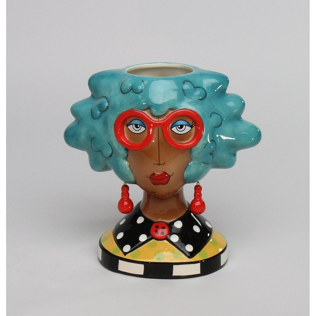 Ceramic African American Lady Utensil Holder Blue Hair 7.75in Makeup Brush Decor Image 2