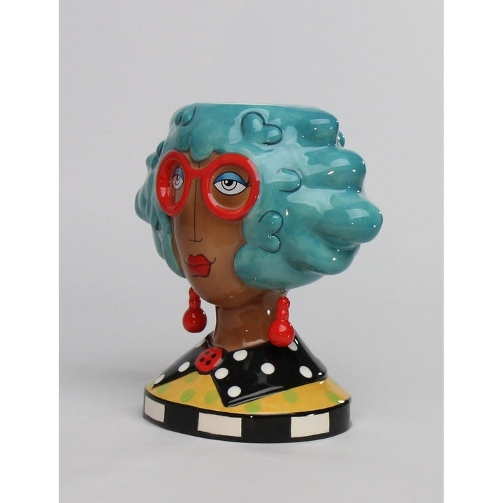 Ceramic African American Lady Utensil Holder Blue Hair 7.75in Makeup Brush Decor Image 3