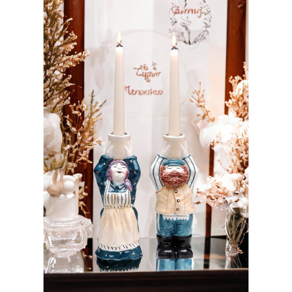 Hanukkah Shabbat "A Blessing On Your Head" Ceramic Judaica Candle Holders, Image 1