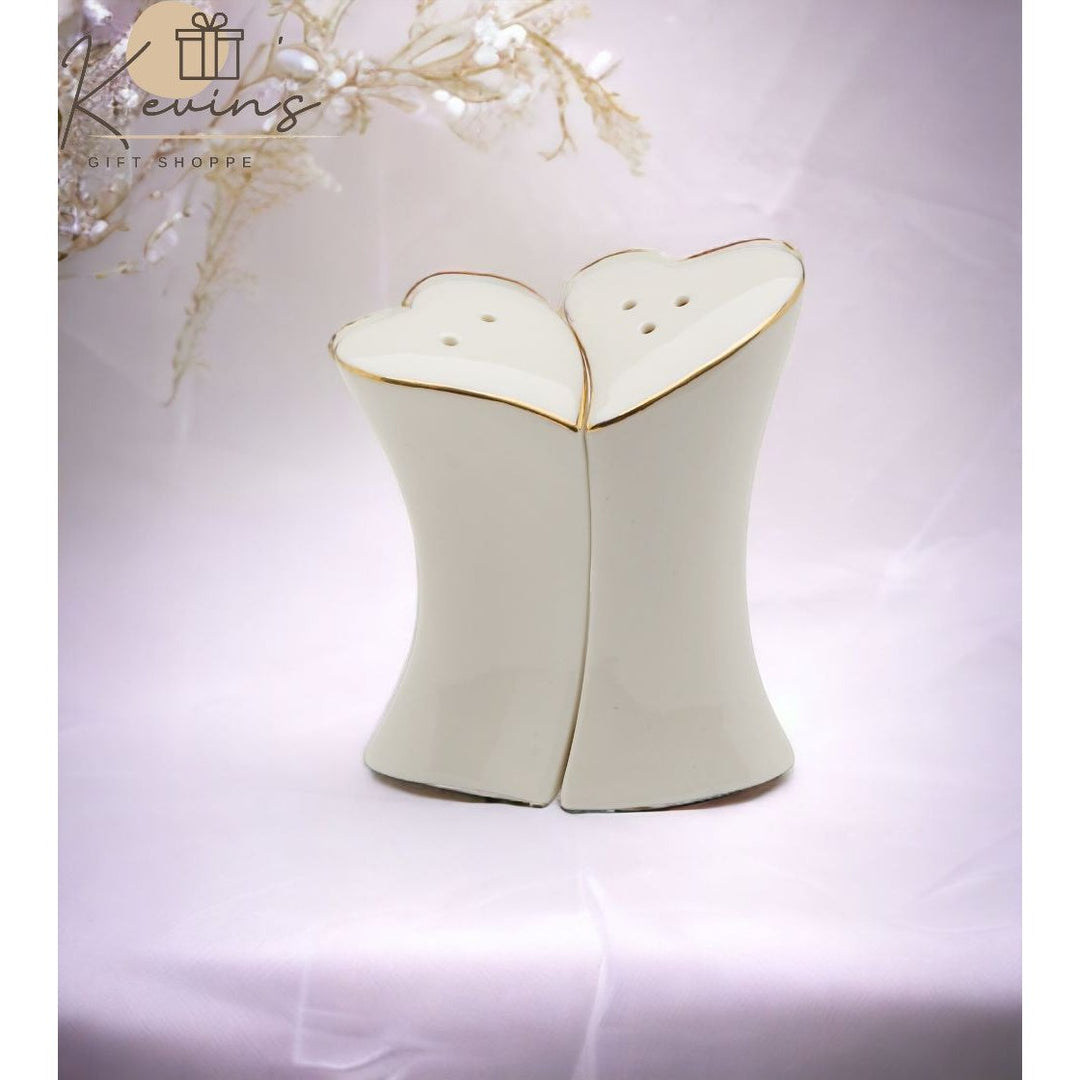 Jade Porcelain Heart Salt and Pepper Shakers Gold Accents Wedding Favor Gift Image 1