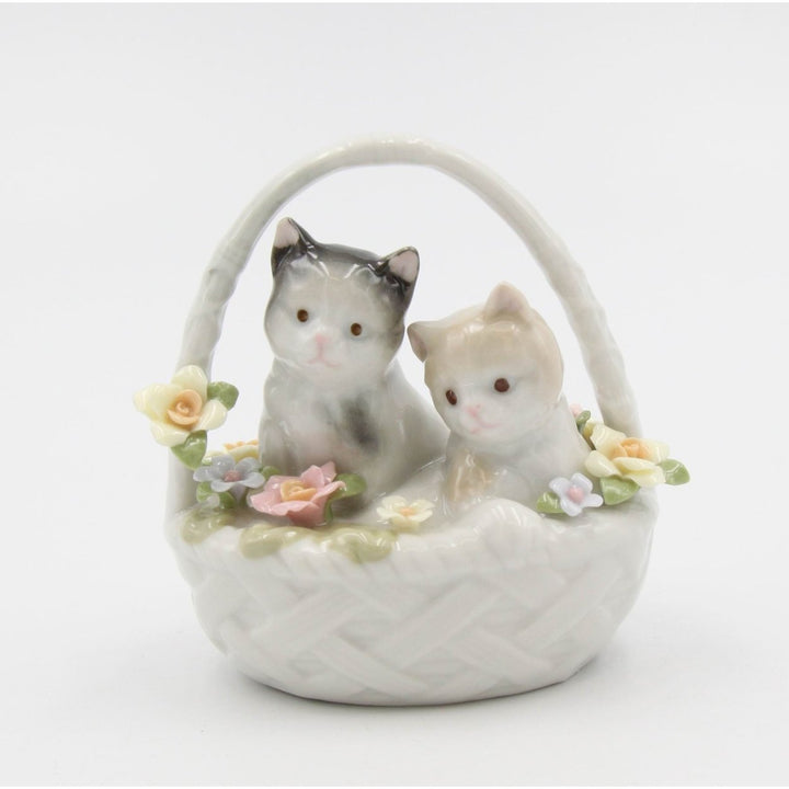 Ceramic Kittens in Basket Figurine Gift for Cat Lovers White 3.5" Image 2