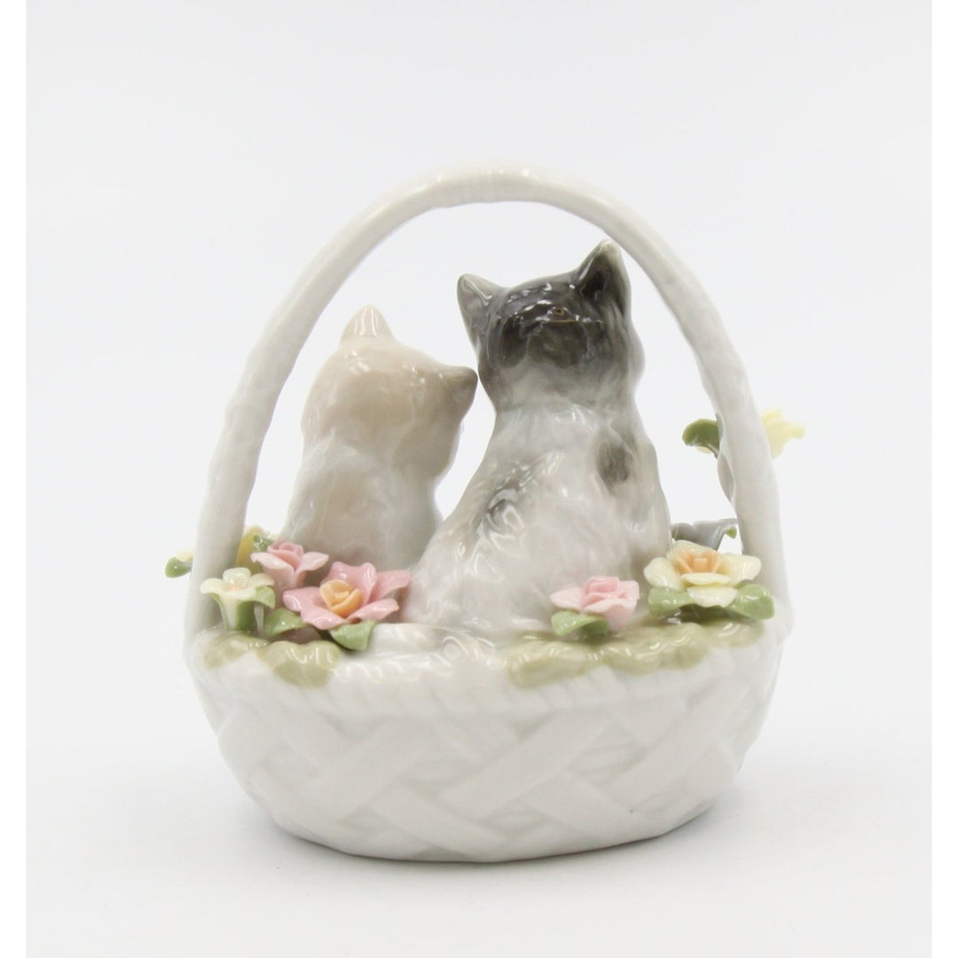 Ceramic Kittens in Basket Figurine Gift for Cat Lovers White 3.5" Image 3