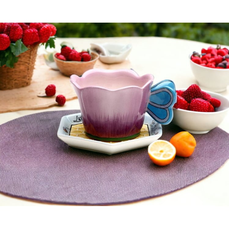 Ceramic Flower Teacup and Honeycomb Saucer Set Friend Tea Image 1