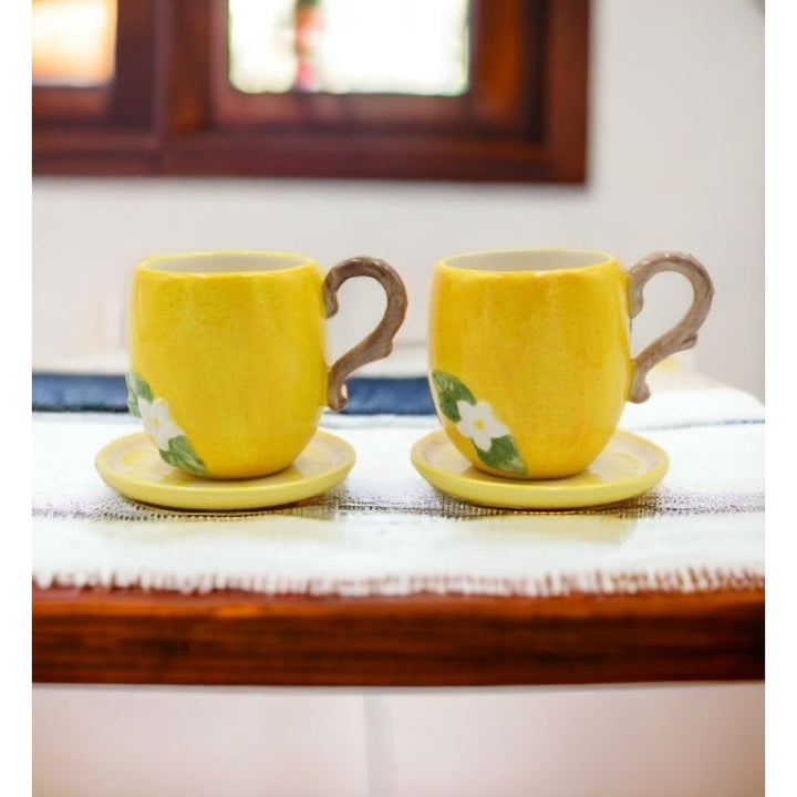 Ceramic Lemon Cup and Saucer Set 2 Sets Yellow 7oz Perfect Mom Friend Image 1